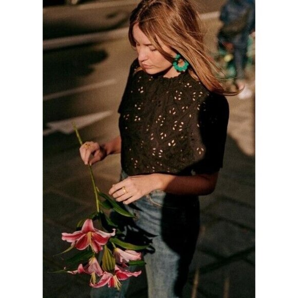 NWT Sezane Louisah Blouse in Noir Black Sheer Eyelet Ruffle Neck Top 46 US 14 - Picture 10 of 10